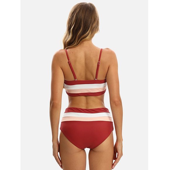 High-Waisted Colorblock Bandeau Bikini Set in Red - Picture 3 of 12